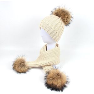 Baby Gebreide Muts Sjaal tweedelige set Baby Herfst/Winter Outdoor Verven Echt Haar Bal pompom Muts Sjaal set Skullies & Mutsen