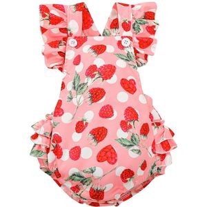 Baby Meisje Jumpsuit, Aardbei Print Vierkante Hals Mouwloze Korte Broek Romper