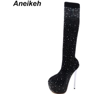 Aneikeh Kristal Stretch Stof Sok Platforms Laarzen Puntige Teen Over-De-Knie 16 Cm Hak Dij hoge Nachtclub Schoenen