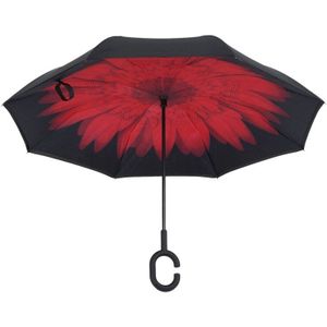Rode Bloem Vouwen Reverse Paraplu Dubbele Laag Omgekeerde Winddicht Regen Auto Paraplu Voor Vrouwen