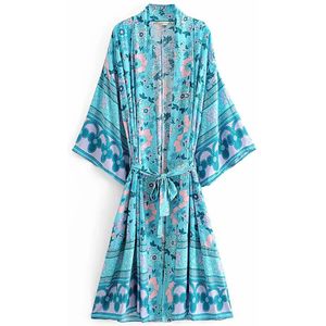 Fitshinling Herfst Kimono Print Bloemen Badkleding Riem Slanke Lange Vest Blauw Bohemian Sexy Beach Cover-Up