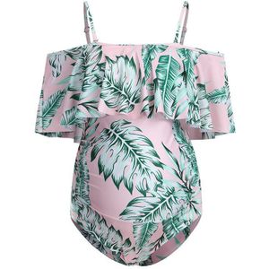 Moederschap Badmode Leaf Print Bikini Badpak Voor Zwangere Vrouwen Een-Stukken Off Shoulder Zwangere Beachwear