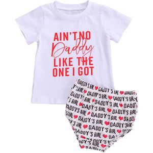 Meisjes 3 Pcs Outfit Set Brief Gedrukt Korte Mouw Knop Romper Korte Hart Broek Boog Haarband Set