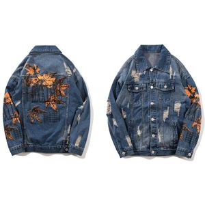 GONTHWID Vintage Mens Maple Leaf Gedrukt Ripped Denim Jacket Mens Verontruste Denim Jean Jassen Mannelijke Hip Hop Casual Streetwear