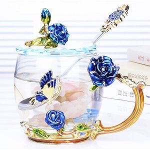 Creatieve Blauwe Rose Emaille Crystal Tea Cup Mok Vlinder Rose Geschilderde Bloem Water Cups Helder Glas Met Lepel Set