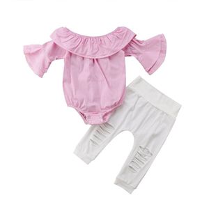 2 STUKS Pasgeboren Baby Baby Meisjes Kleding Set Roze Off Shoulder Romper + Wit Gescheurde Jeans Gat Broek Outfits