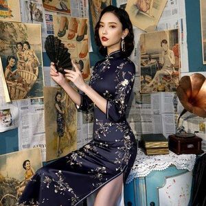 Marineblauw 4XL Chinese Lange Kleding Cheongsam Dames Zijden Jurk Moderne Qipao Lange Mouw Chinese Traditionele Jurk Vestido Gewaad