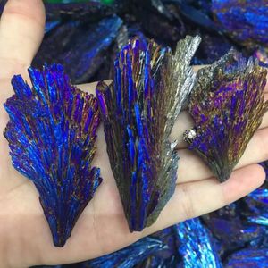 200g Blauw Titanium Plated Zwarte Toermalijn Aura Quartz Crystal Pauw Staart Vorm minerale specimen