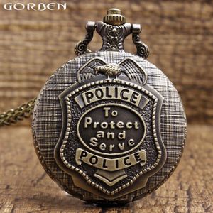 Vintage Politie Beschermen En Dienen Gegraveerd Pocket Quartz Horloge Ketting Unisex Brooze Hanger Ketting Klok Mannen vrouwen