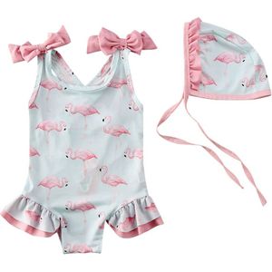 Kinderen Kids Baby Meisje Flamingo Bikini Twee Stuk Badpak Kinderen Meisje Strik Ruches Badpak + Badmuts Meisje Beachwear 1-6y