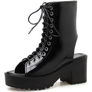 Gdgydh Black Patent Slingback Lace Up Blok Hak Enkellaars Vrouwen Gothic Platform Schoenen Meisjes Open Teen Comfortabele Lente Herfst