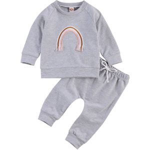 Pasgeboren Baby Meisje Jongen Val Kleding Regenboog Borduren Kwastje Lange Mouw Sweatshirt Lange Broek Grijs 2 Stuks Leuke Set 0-24M