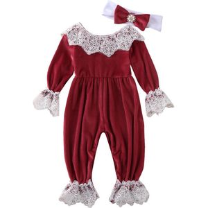 Baby Lente Herfst Kleding Pasgeboren Baby Meisje Kleding Fluwelen Jumpsuit Romper + Hoofdband Kant Lange Mouwen Outfits Set