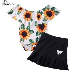 Baby Zomer Kleding Baby Girl Kid Peuter Outfits Kleding Ruche Zonnebloem Romper Top + Strik Borduren Rok 2 Stuks set