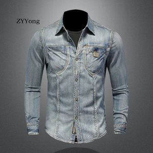 ZYYong Revers Lange mouwen Heren Denim shirt Retro Slim Coat Blue Motorcycle Stijl Streetwear Leisure Thin