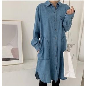 Zwangere Vrouwen Plus Size Katoen Blouses Lange Mouwen Losse Turn-Down Kraag Denim Shirts Met Grote Zakken Moederschap Casual kleding