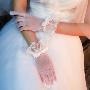 Vrouwen Bridal See Through Volledige Fingered Korte Handschoenen Wit Pols Lengte Geschulpte Geometrische Lace Trim Strik Decor Wedding Party