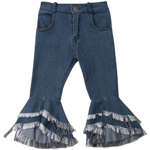 Mode Meisjes Jeans Peuter Denim Ruche Gelaagde Flare Onregelmatige Broek Broek Lange Broek Blue Denim Broek Voor 2-7Years Oude