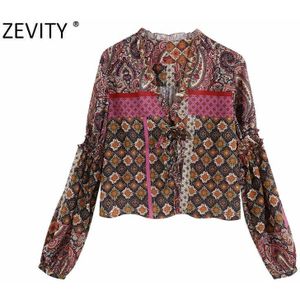 Zevity Vrouwen Vintage Paisley Bloemenprint Casual Kiel Chic Blouse Dames V-hals Agaric Kant Roupas Femininas Shirts Tops LS6988