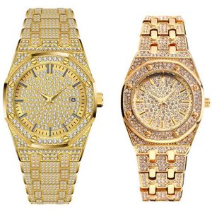 18K Gold Iced Out Lab Steentjes Luxe Rvs Analoge Quartz Waterdicht Minnaar Horloge Set Relogio masculino