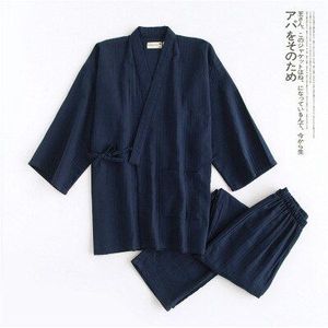 Kimono Pyjama Set Voor Samurai Mannen Katoen Traditionele Japanse Top Broek Pure Kleur Casual Ademend Yukata Nachtkleding
