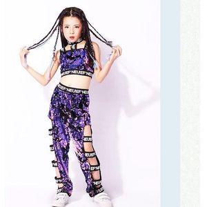 Kinderen Meisjes Paars Lovertjes Jassen Broek Hip Hop Kleding Outfits Jazz Dans Kostuum Kinderen Ballroom Dansen Slijtage Stadium Suits