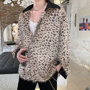 Plus Size Contrast Kraag Dot Luipaard Faux Fur Tassel Lange Mouwen Losse Shirt Mannen Blouse Top Streetwear Party Stage Graffiti tee