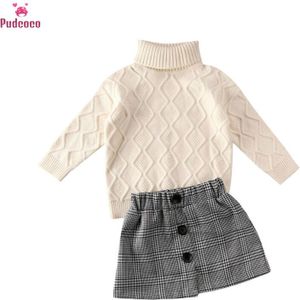 Lente Herfst Kids Baby Girl Kleding Set Coltrui Gebreide Trui Tops + Plaid Gedrukt Mini Rok Outfit 2-6 jaar