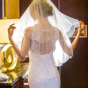 Wit Ivoor Twee Lagen Bridal Veil Met Kristallen Kralen Bruiloft Sluier Met Combe Bruiloft Accessoires