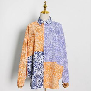 Galcaur Patchwork Hit Kleur Print Shirt Voor Vrouwen Revers Lantaarn Mouw Casual Losse Koreaanse Blouse Vrouwelijke Herfst Mode