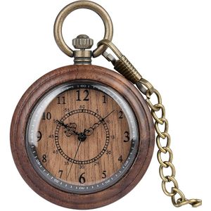 Retro Houten Case Zakhorloge Voor Mannen Arabische Cijfers Dial Accessoire Klassieke Ruwe Ketting Hanger Klok Reloj De Madera