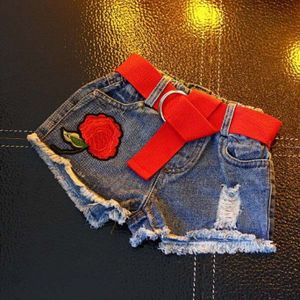 Leuke Baby Meisjes Denim Shorts En Rode Riem Meisje Zomer Rose Bloemen Borduurwerk Jean Broek Kinderen Kleding Kinderen korte