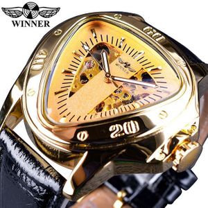 Winnaar Gouden mannen Mechanische Sport Horloge Mannelijke Automatische Cobra Driehoek Wijzerplaat Lederen Band Horloges Relogio Masculino Reloj Klok