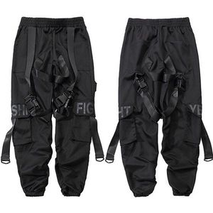 Hip Hop Cargo Broek Zakken Mannen Streetwear Harajuku Harembroek Gesp Lint Joggers Broek Zwart HipHop Joggingbroek Herfst