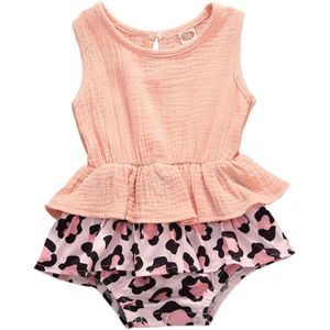 0-24M Pasgeboren Baby Meisjes Luipaard Patchwork Body Verstoorde Gelaagde Jumpsuits Mouwloze Sunsuits