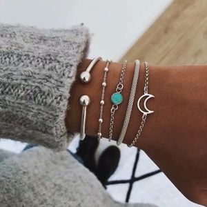 Een Set Vintage Manchet Silver Bangle Armbanden Sets Voor Vrouwen Bohemen Maan Charm Ketting Armbanden Sieraden