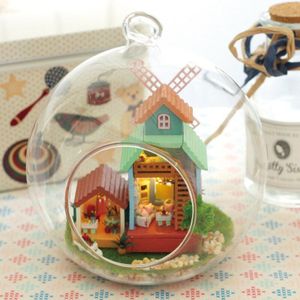 Mini Wind Fantasty Glazen Bal Poppenhuis B007 DIY Houten Gebouw Windmolen Villa Monteren Miniatura Meubelen LED Licht Pop