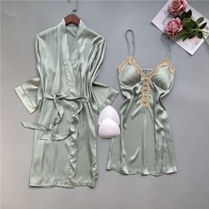 Wit 2Pcs Rayon Vrouwen Robe Gown Set Sexy V-hals Kimono Badjas &amp; Nachthemd Slaap Pak Lace Bloemen Trim Knop lounge Nachtjapon