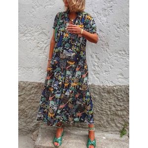 Print Gedrapeerde Casual Losse Maxi Jurk Vrouwen Mode Stijl Stand Kraag Zomer Korte Mouw Jurken Afrikaanse Dashiki VKDR2464