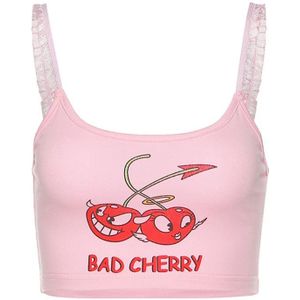 Vrouwen Zomer Sexy Spaghetti Band Ruches Crop Top Roze Cartoon Slechte Cherry Print Hemdje Leuke Backless Slim Sling Vest Streetwe