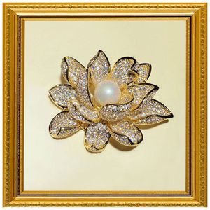 Vintage Broches Voor Vrouwen S925 Zilveren Zirconia Parels Broche Gouden Lotus Pin Corsage Kleding Vest Knop Fijne Sieraden