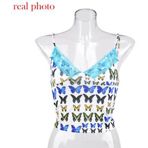 Print Cropped Tops Straped Kant V-hals Backless Vlinder Afdrukken Tops Streetwear E Meisje Outfits Sexy Zomer Tops