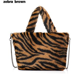 Hoge Capaciteit Pluizige Schoudertas Voor Vrouwen Luipaard Zebra Print Onderarm Tassen Liefde Hart Patroon Zachte Pluche Warme Bont Tote tassen