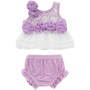 2 Stks/set Baby Meisje Kleding Set Mouwloze Bloemen Kant Top Vest Shirt + Ruches Broek Sport Pak Set Trainingspak Kids zomer Set