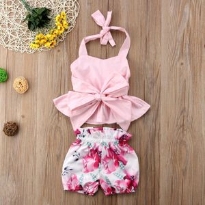 Zomer Pasgeboren Baby Peuter Baby Meisjes 2 stks Sets Bloemen Mouwloze Riem Strik Ruches Vest Tops Bloemen shorts