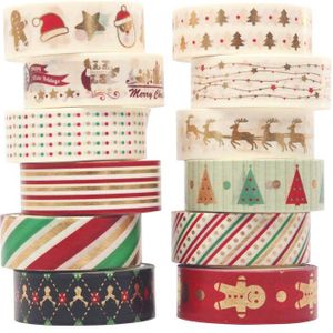 12 Stks/set Kerst Washi Tapes Goud Masking Briefpapier Levert Washi Stickers Folie Washi Tape Journal