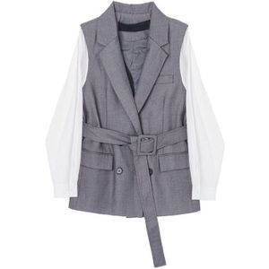 [Eam] Vrouwen Loose Fit Grijze Steek Contrast Kleur Big Size Vest V-Kraag Mouwloze Mode Tij lente Herfst 1DA422