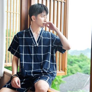 Lover 'S Mannen Plaid Top Shorts Pak Bericht Kleding Vrouwen Spa Nachtkleding Katoen Japanse Kimono Zonnebaden Pyjama Set Халат