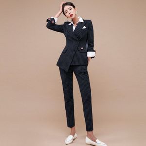 Werk Broek Past Ol 2 Stuk Sets Enkele Breasted Gestreepte Blazer Jacket & Rits Broek Pak Voor Vrouwen Set Feminino lente