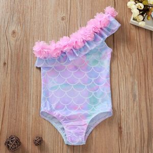 Trend Kids Baby Meisjes Mermaid Fish Scales Print Een-Schouder Een Stuk Bikini Badmode Badpak Beachwear